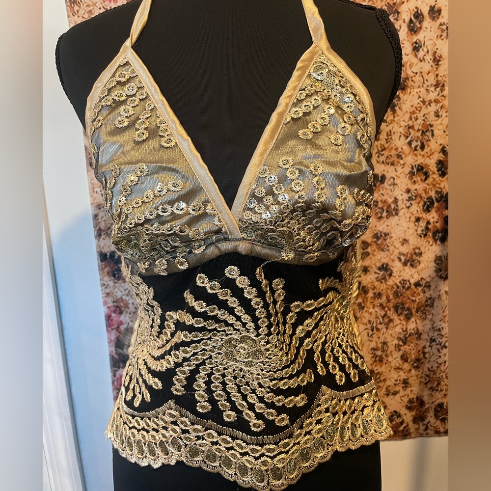 Gold Embroidered Halter Lace Top - Women